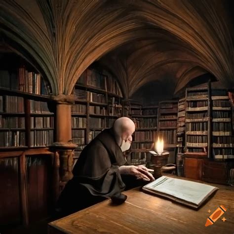 Dark And Dusty Medieval Monastery Library With An Old Wise Monk And