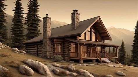 Premium Photo | A log cabin with a log cabin in the background