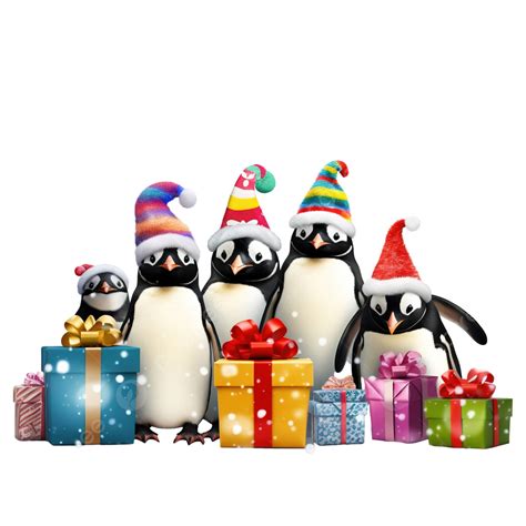 Group Of Happy Penguin Wearing Christmas Hats And Gift Christmas