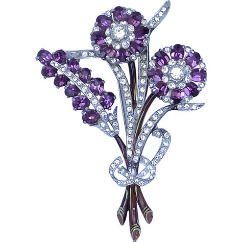 Vintage Floral Pin Brooch With Purple Stones And Enameling From