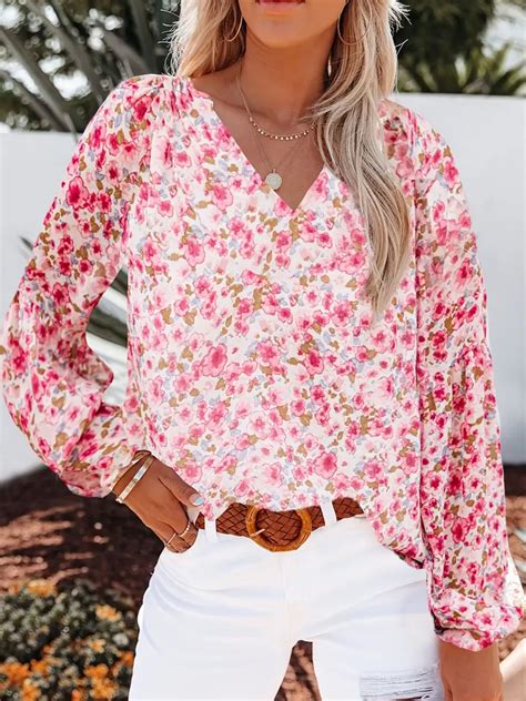 Ladies Floral Print Lantern Sleeve Blouse V Neck Long Sleeve Blouse