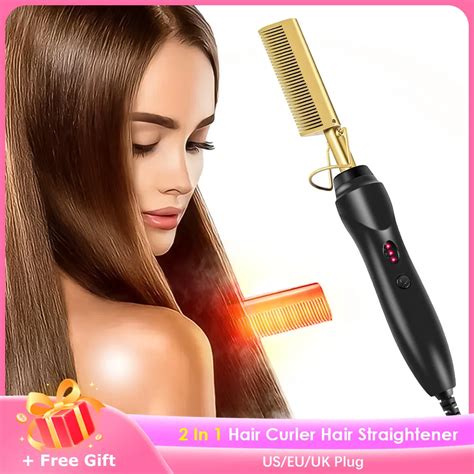 2 In 1 Hot Comb Hair Straightener Flat Irons Straightening Brush Heating Comb Hair Straight