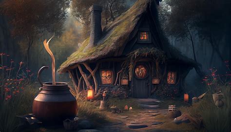 Premium Ai Image A House In The Woods With A Pot Of Cauldron In Front