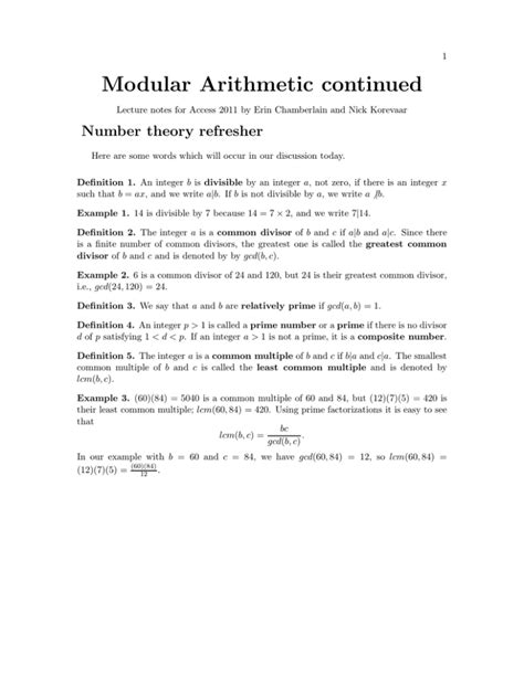 Modular Arithmetic Continued Number Theory Refresher