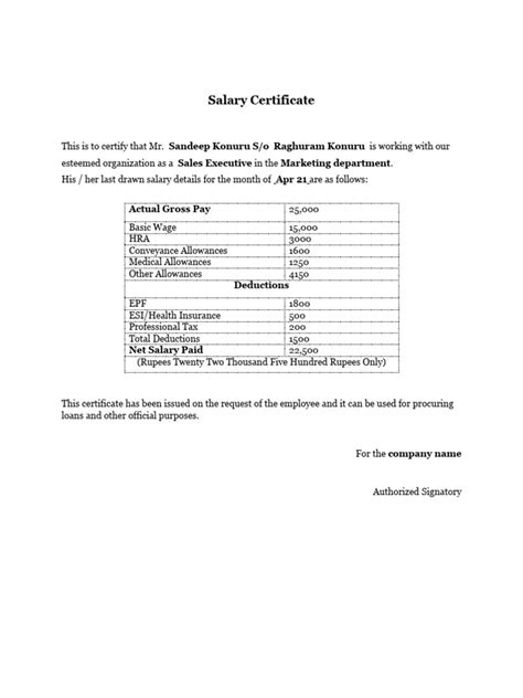 Cash Salary Certificate Format 2 Pdf