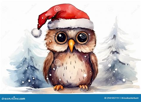 Cute Christmas Owl With Santa Hat Ai Generated Stock Illustration