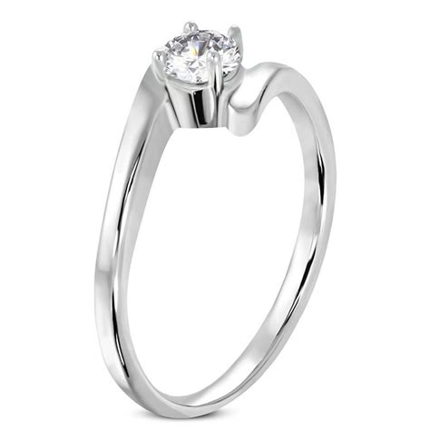 Bague Solitaire Femme Acier Et Pierre Ronde Zircon Mariage Fian Aille