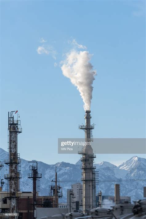 Steam Comes From A Tower In Oil Refinery Near Salt Lake City Utah