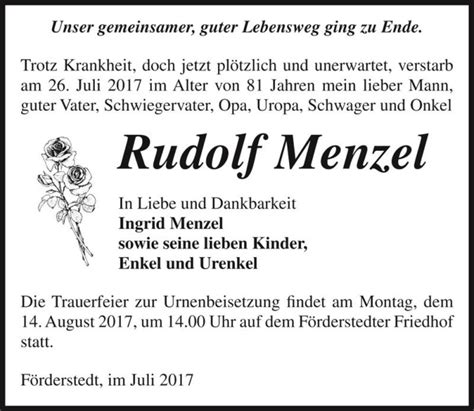 Traueranzeigen Von Rudolf Menzel Abschied Nehmen De