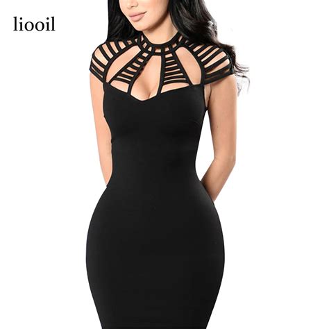 Liooil Black Cut Out Summer Dress Women Short Sleeve O Neck Hollow Out