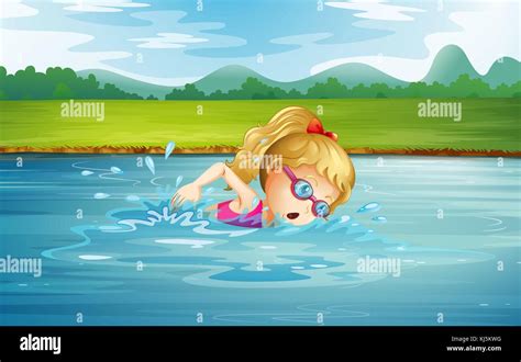 Ilustración de una chica nadando en el río Imagen Vector de stock Alamy