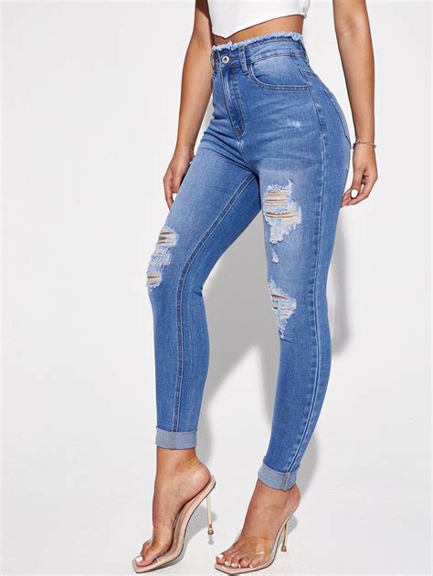 Shein Essnce High Waist Ripped Skinny Jeans Shein Uk