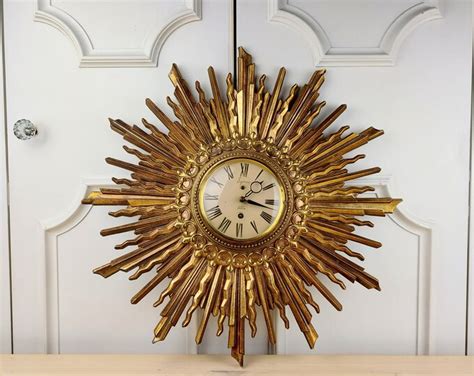 S Mid Century Modern Gold Syroco Starburst Wall Clock Collectable