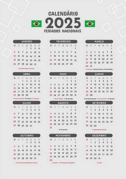 Premium Vector Calendario Brasil Portugues 2025 Feriados Nacionais