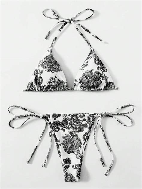 Paisley Print Triangle Tie Side Bikini Swimsuit Shein Usa