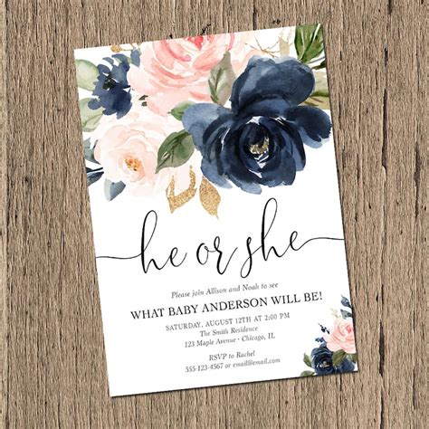 Navy Blue And Blush Pink Gender Reveal Invitation Floral Etsy