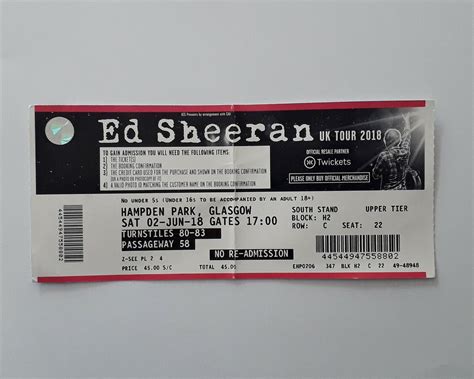 Ed Sheeran Tickets Unused Ticket S Hampden Park Glasgow 02 06 18 Memorabilia Ebay