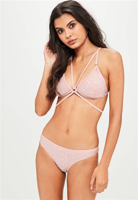 Lyst Missguided Pink Diamante Strappy Bikini Set In Pink