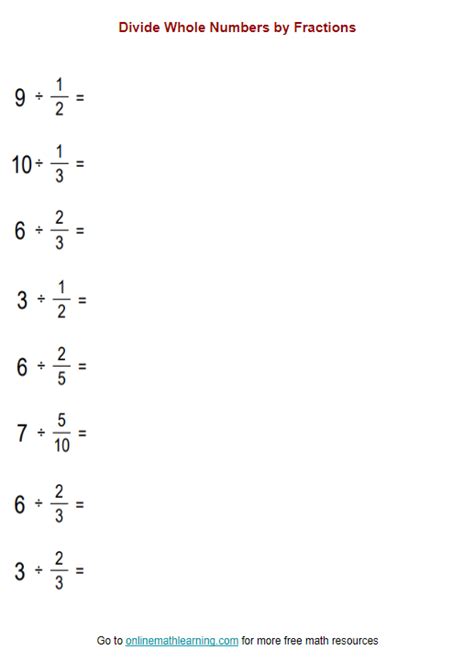 Dividing Fractions With Whole Numbers Worksheet