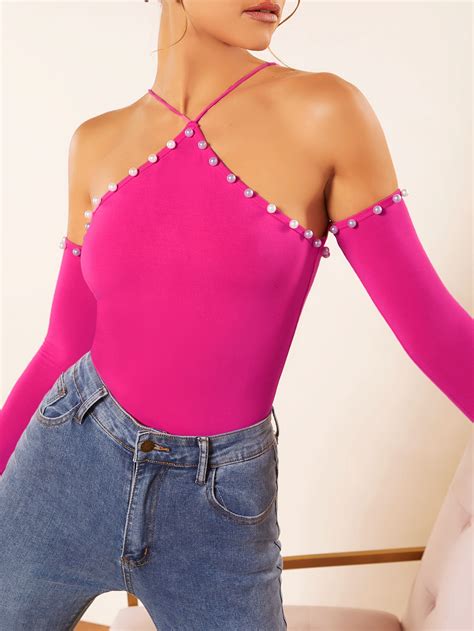 Cold Shoulder Pearl Beaded Tee Shein Usa