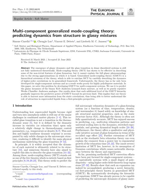 Pdf Multi Component Generalized Mode Coupling Theory Predicting