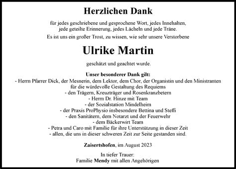 Traueranzeigen Von Ulrike Martin Augsburger Allgemeine Zeitung