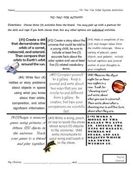 Solar System Tic Tac Toe Activity Sheet By The Middle School Science