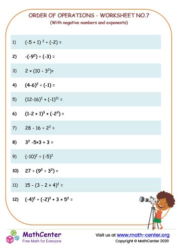 Sixth Grade Worksheets Order Of Operations Math Center