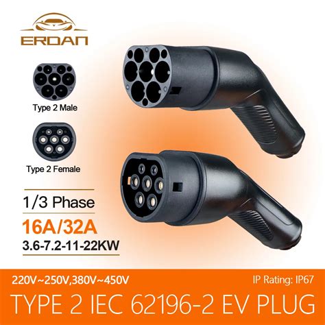 ERDAN 16A 32A Type 2 EVSE Female EV Charger Plug IEC 62196 Convertor EV