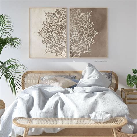 Beige Taupe Mandala Wall Art Set Of 2 Prints Boho Living Room Wall Art