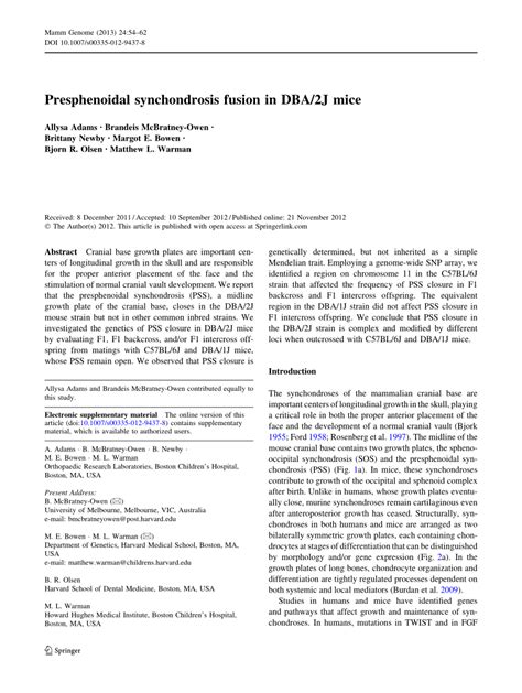 Pdf Presphenoidal Synchondrosis Fusion In Dba 2j Mice