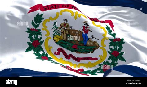 West Virginia State Flag Waving On The Wind White Field Blue Stripe