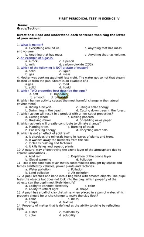 Pt Science 5 Q1 Performance Test First Periodical Test In Science V