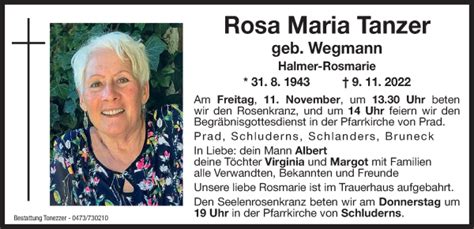 Traueranzeigen Von Rosa Maria Tanzer Trauer Bz