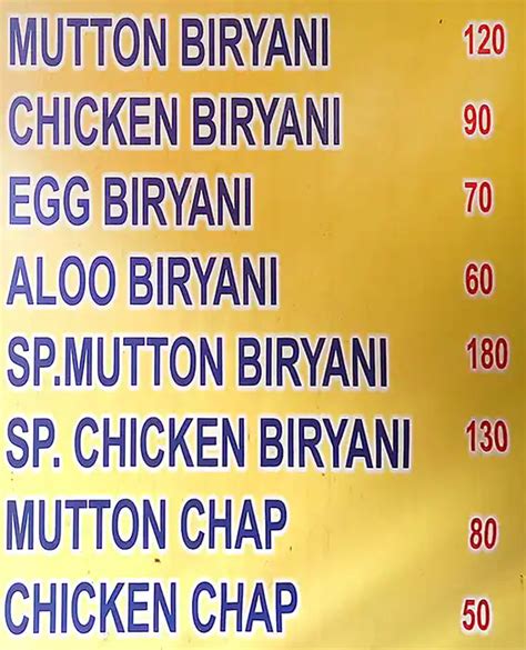 Menu Of Arsalan Biryani Garia Kolkata