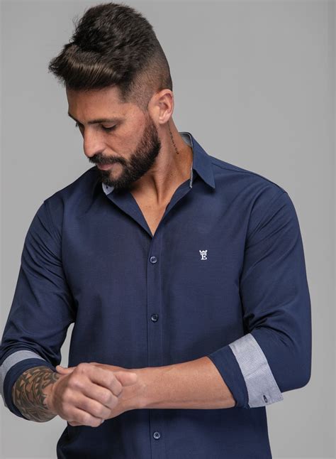 Camisa Masculina Social Slim Fit Manga Longa Alfajor Marinho Premium