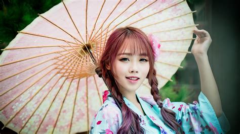 K Asian Umbrella Glance Braid Hair Hands Cute Hd Wallpaper