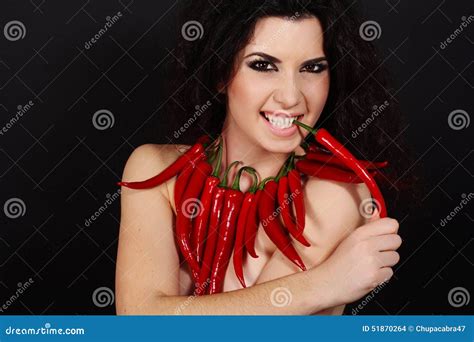 Sexy Brunette Girl With Red Chilli Peppers Stock Photo Image