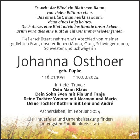 Traueranzeigen Von Johanna Osthoer Abschied Nehmen De