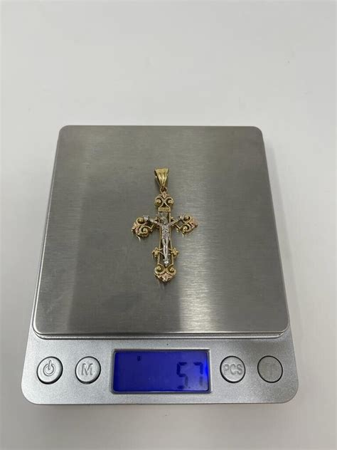 14k Yellow Gold INRI Fleur De Lis Crucifix Pendant 3 Gem