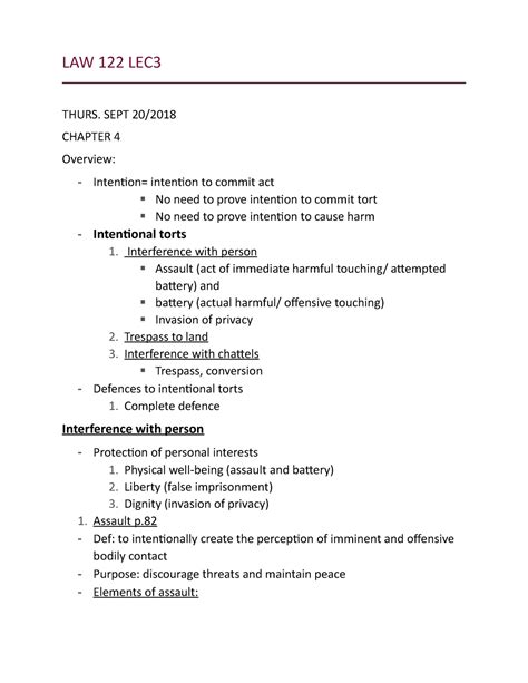 Law 122 Lec3 Lecture Notes 3 Law 122 Lec Thurs Sept 20 Chapter 4 Overview Intention