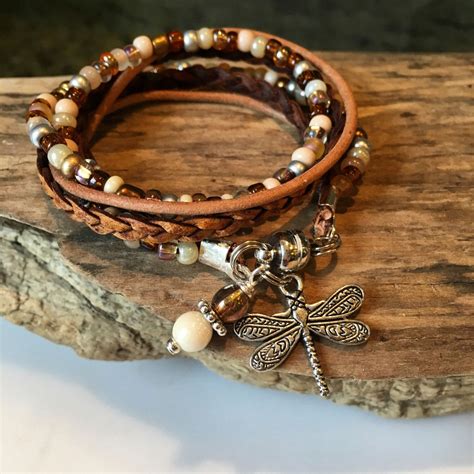 Wrap Bracelet Beaded Boho Wrap Leather Beaded Wrap Natural Tan Braided Wrap Bracelet Cream