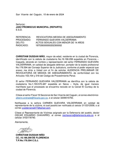 Solicitud Revocatoria Medida De Aseguramiento Christiam Duss Se Or A