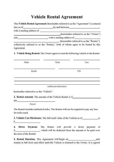 Vehicle Rental Agreement Template Word