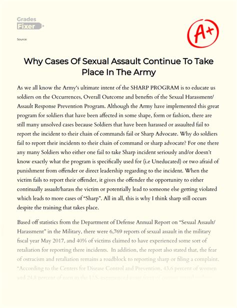 Why Cases Of Sexual Assault Continue To Take Place In The Army [essay Example] 477 Words