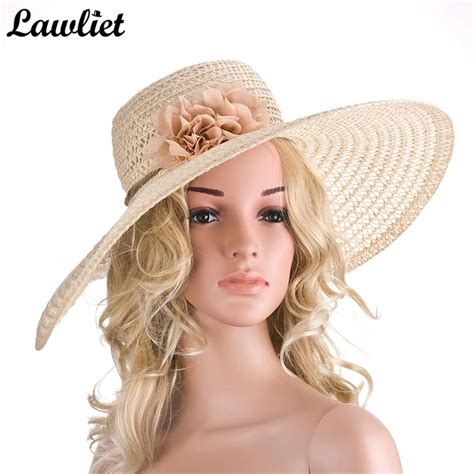 Large Wide Brim Sun Hat For Women Kentucky Derby Flower Straw Summer