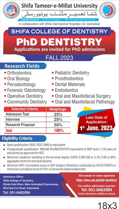 Phd Dentistry Shifa Tameer E Millat University