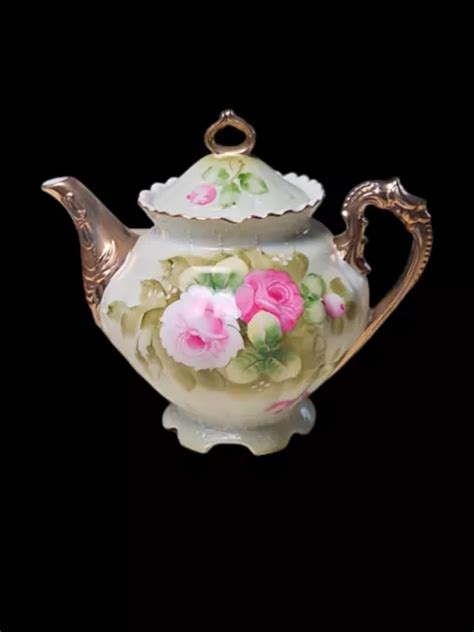 Vintage Lefton Heritage Green Rose Garden Teapot Hand Painted Gold Trim