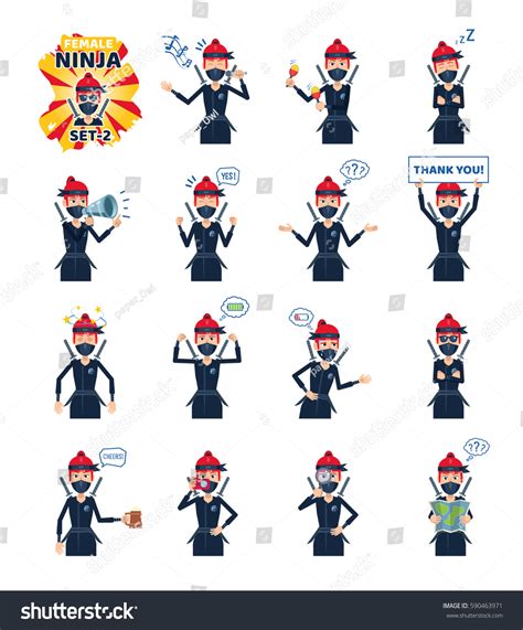 Big Set Of Female Ninja Emoticons Ninja Emojis Showing Different The