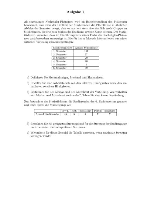 Ws Statistik I Klausur Und Kurzloesung Aufgabe Als Sogenanntes